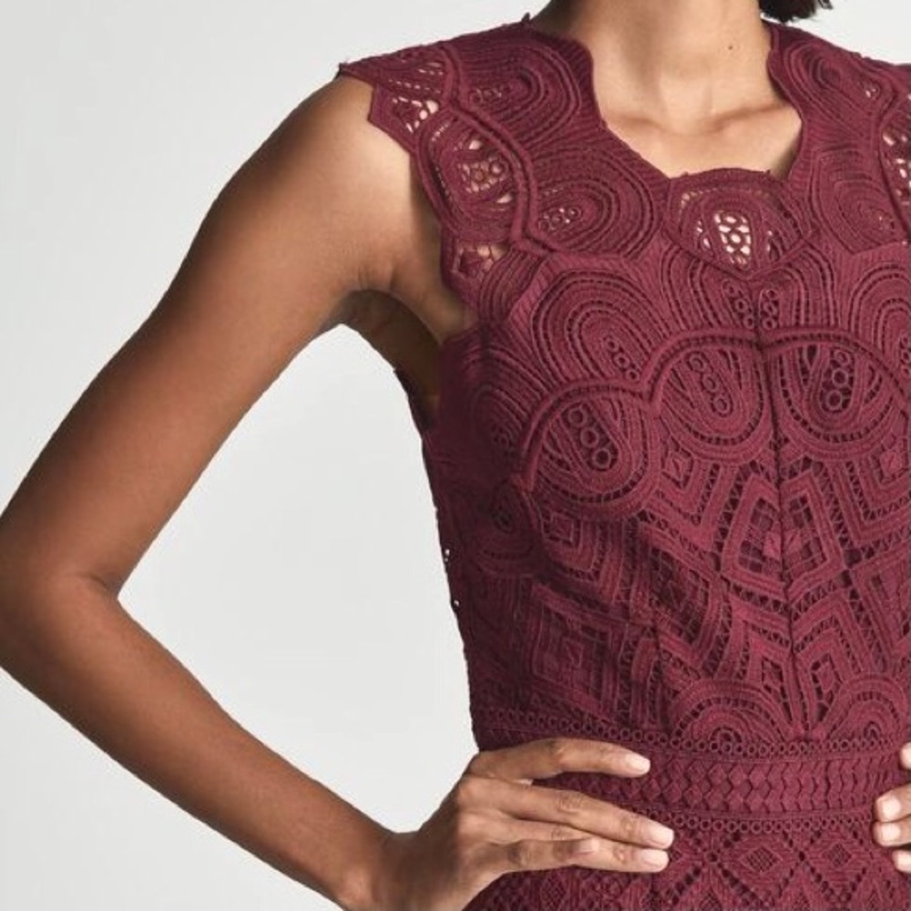 Reiss Burgundy Color Lace Delilah Ruffled Mini Dress Size 6 - Picture 5 of 11